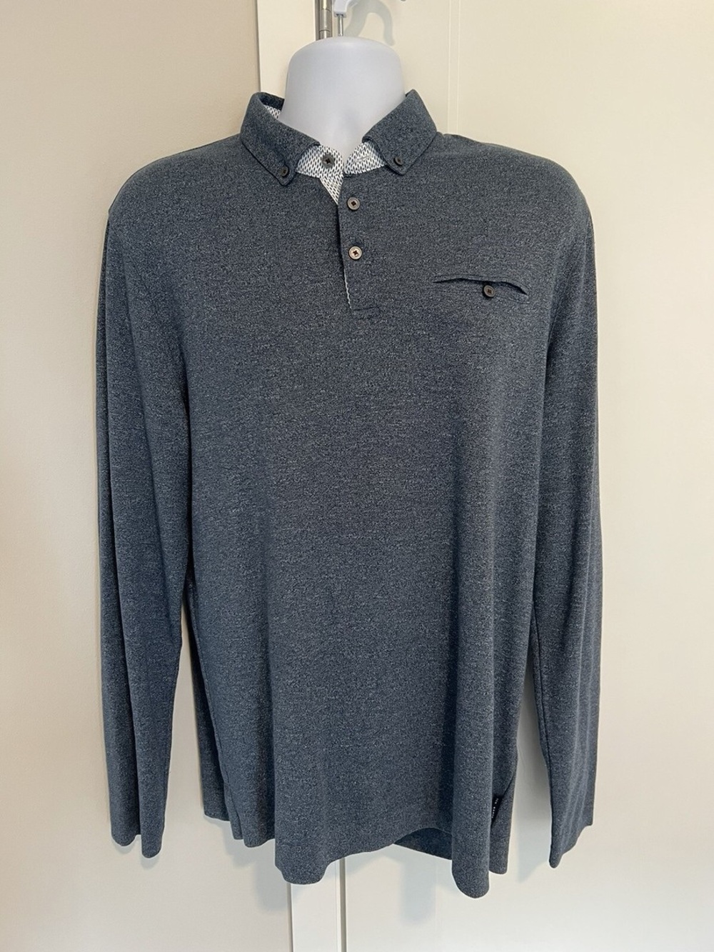 Ted Baker Men's Heathered Light Blue Long Sleeve Polo with Button Collar